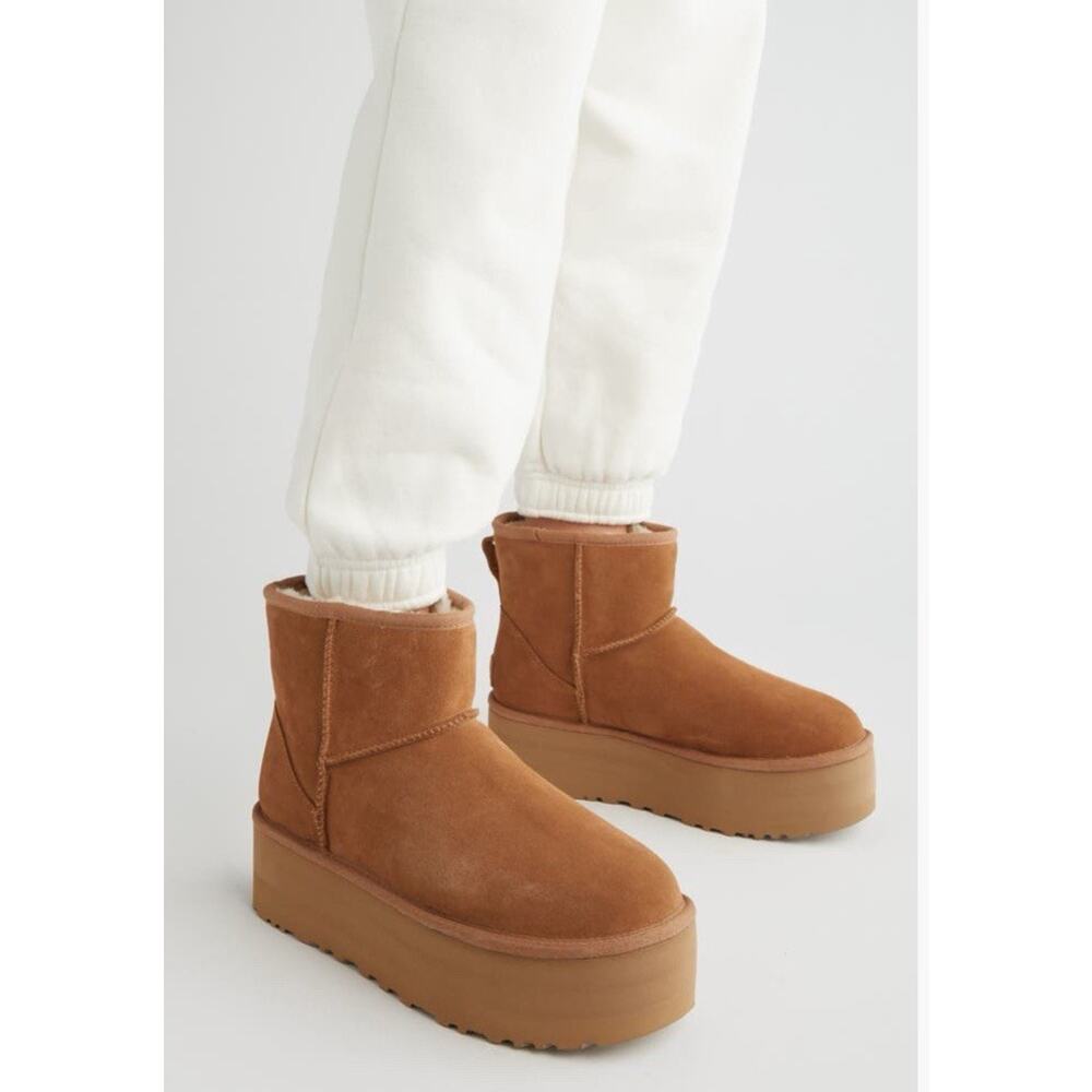 UGG Women Classic Mini Platform Suede Chestnut Boots NIB - Picture 3 of 16